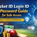 IPL ID Login ID & Password Guide for Safe Access – Online Cricket ID website banner with secure lock, cricket stadium background, mobile screen, cricket ball, bat and betting concept.