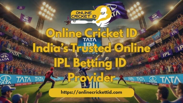 Cricket stadium scene during an IPL match with bright floodlights and a cheering crowd, featuring a batsman playing on the pitch. The banner promotes Online Cricket ID with the text “India’s Trusted Online IPL Betting ID Provider” and displays the website link “https://onlinecricketid.com” .
