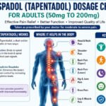 Dosage chart of Tapentadol (Aspadol) 50 to 200mg for adults showing uses, benefits, body pain areas, and 4 to 6 hour dosing interval.