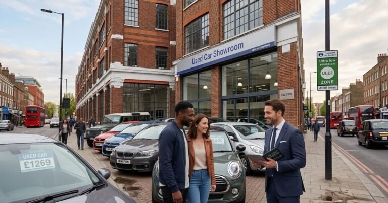Couple inspecting a used car at a London showroom – how to buy quality second-hand cars in London