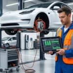 EV technician performing battery diagnostic on Tesla – why regular EV servicing is necessary in UK