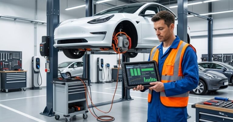 EV technician performing battery diagnostic on Tesla – why regular EV servicing is necessary in UK