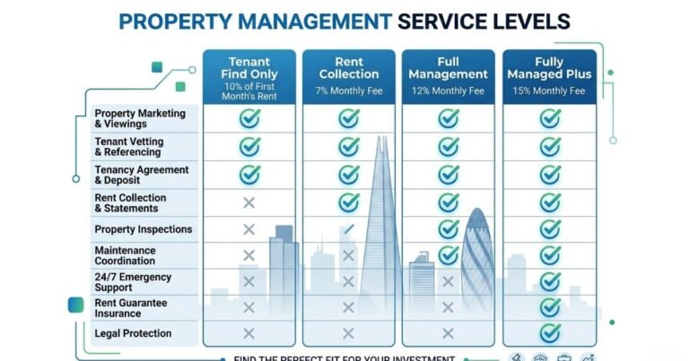 Service level comparison table for rental property management services in London – tenant find, rent collection, full management