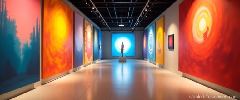 Modern exhibition space in an online art gallery Karachi showcasing vibrant contemporary paintings and abstract artwork