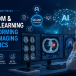 A radiologist software reviewing AI-annotated DICOM brain scan results on a medical workstation display