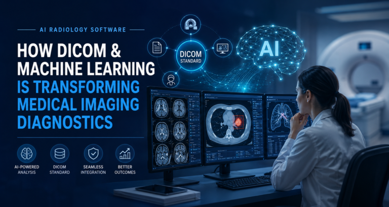 A radiologist software reviewing AI-annotated DICOM brain scan results on a medical workstation display