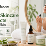 Modern vegan skincare banner showing eco-friendly serum, cleanser, and moisturizer with aloe vera and green tea ingredients, while a woman applies skincare in a mirror.