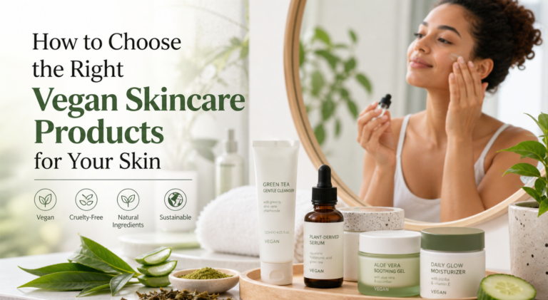 Modern vegan skincare banner showing eco-friendly serum, cleanser, and moisturizer with aloe vera and green tea ingredients, while a woman applies skincare in a mirror.