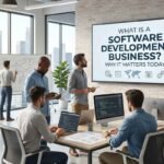 Modern office with developers working; large screen displays "What Is a Software Development Business? Why It Matters Today".