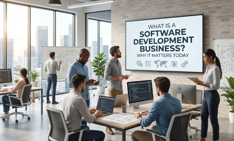 Modern office with developers working; large screen displays "What Is a Software Development Business? Why It Matters Today".